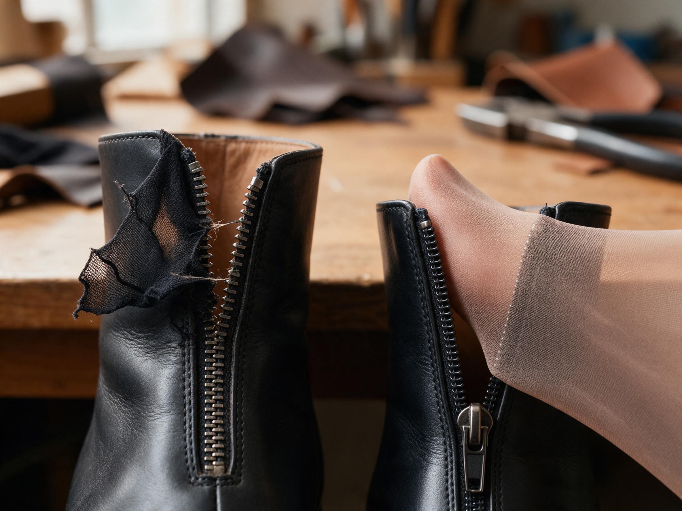 A detailed comparison photograph on warm wooden workbench showing two side zipper mechanisms on women's ankle boots with no visible branding: left side shows a sharp-edged stamped-tooth zipper with rough coil edges that snag fabric fibers, with a torn black stocking piece caught in the chain; right side shows a smooth polished rounded-tooth zipper with a clean sheer stocking sliding past without snag, soft window light from left, cobbler's pliers and leather scraps in soft bokeh background, artisan atmosphere