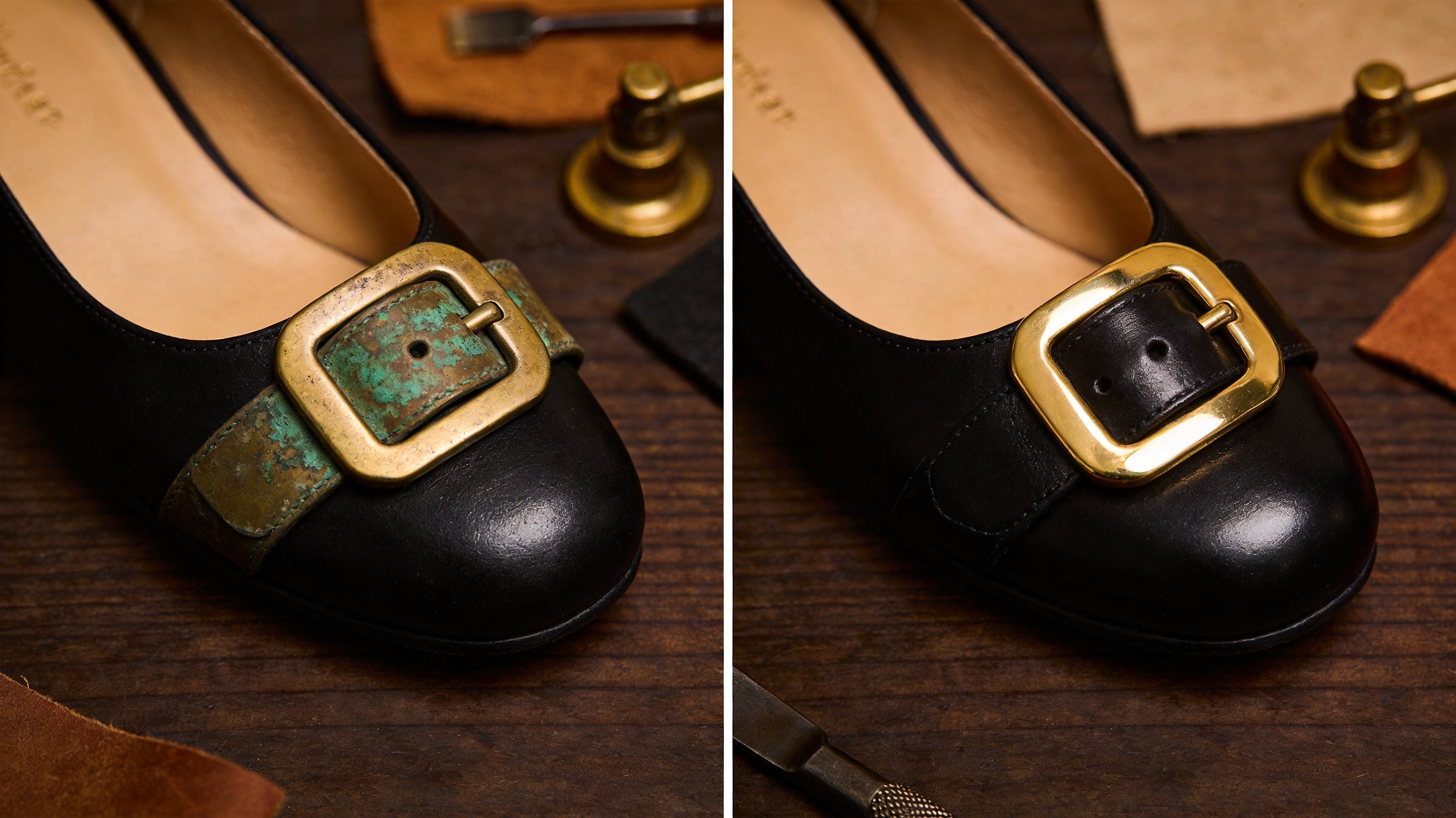 A side-by-side detailed product comparison photograph on a dark walnut workbench, on the left a women's black leather flat shoe with a tarnished gold-tone metal buckle showing visible plating wear green patina and dull finish after a few months of wear, on the right an identical black leather flat shoe with a pristine polished brass buckle showing mirror-bright finish intact plating and no signs of tarnish, illustrating the dramatic difference between a flash-plated zinc-alloy buckle that tarnishes and a triple-layer plated brass buckle with PVD topcoat that resists tarnish, vintage brass polishing tools and leather swatches in soft background bokeh