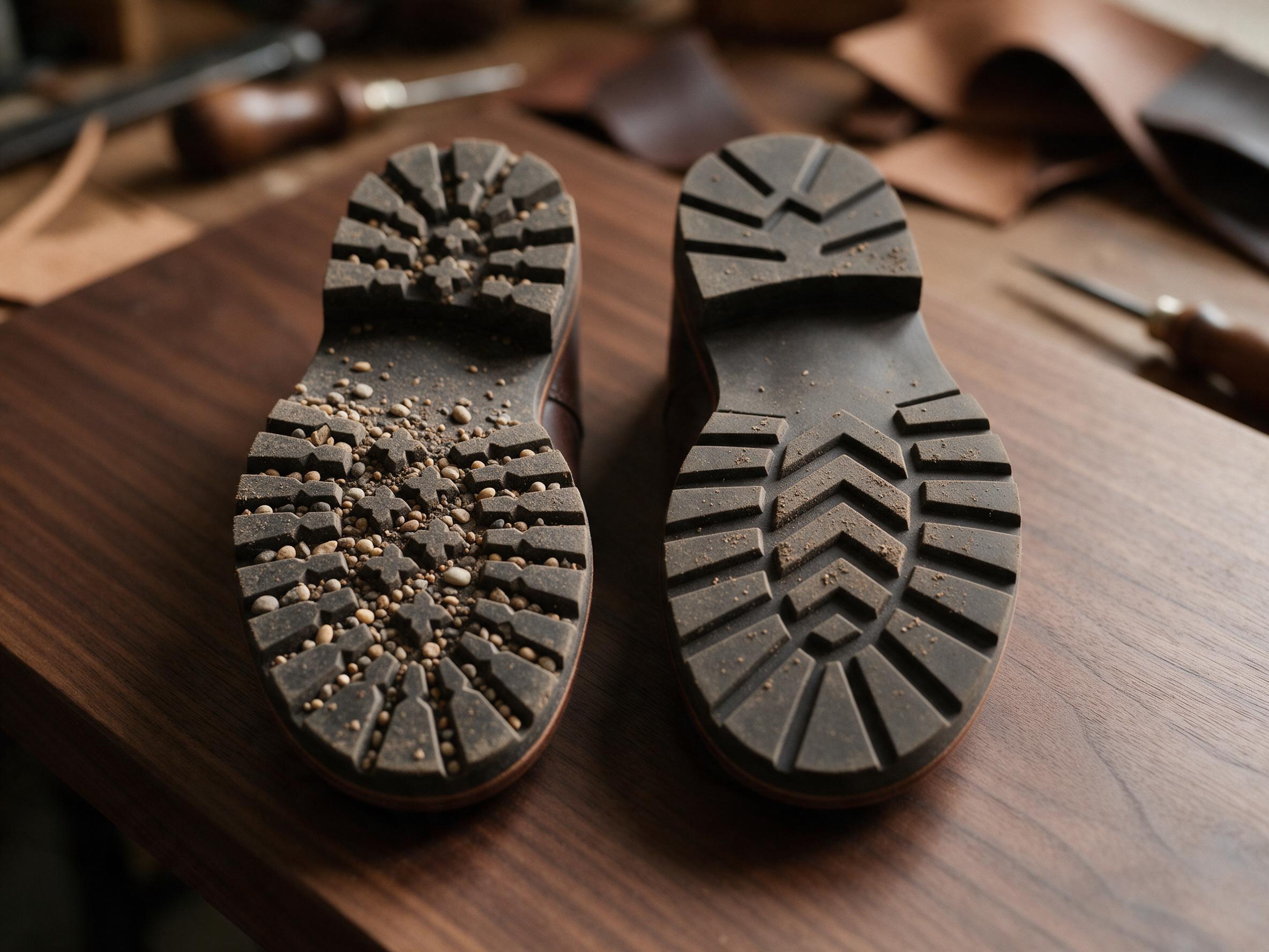 A detailed side-by-side product comparison photograph on a dark walnut workbench, on the left a women's leather ankle boot with an aggressively clogged deep-lug outsole packed with small pebbles stuck in every groove, on the right an identical women's leather ankle boot with a clean self-cleaning wide-spaced chevron lug outsole from the same pair after a single step on dirt, illustrating the dramatic difference between a narrow-lug outsole that traps debris and a wide-spaced chevron lug outsole that releases debris, vintage brass shoemaker's tools and leather swatches in soft background bokeh