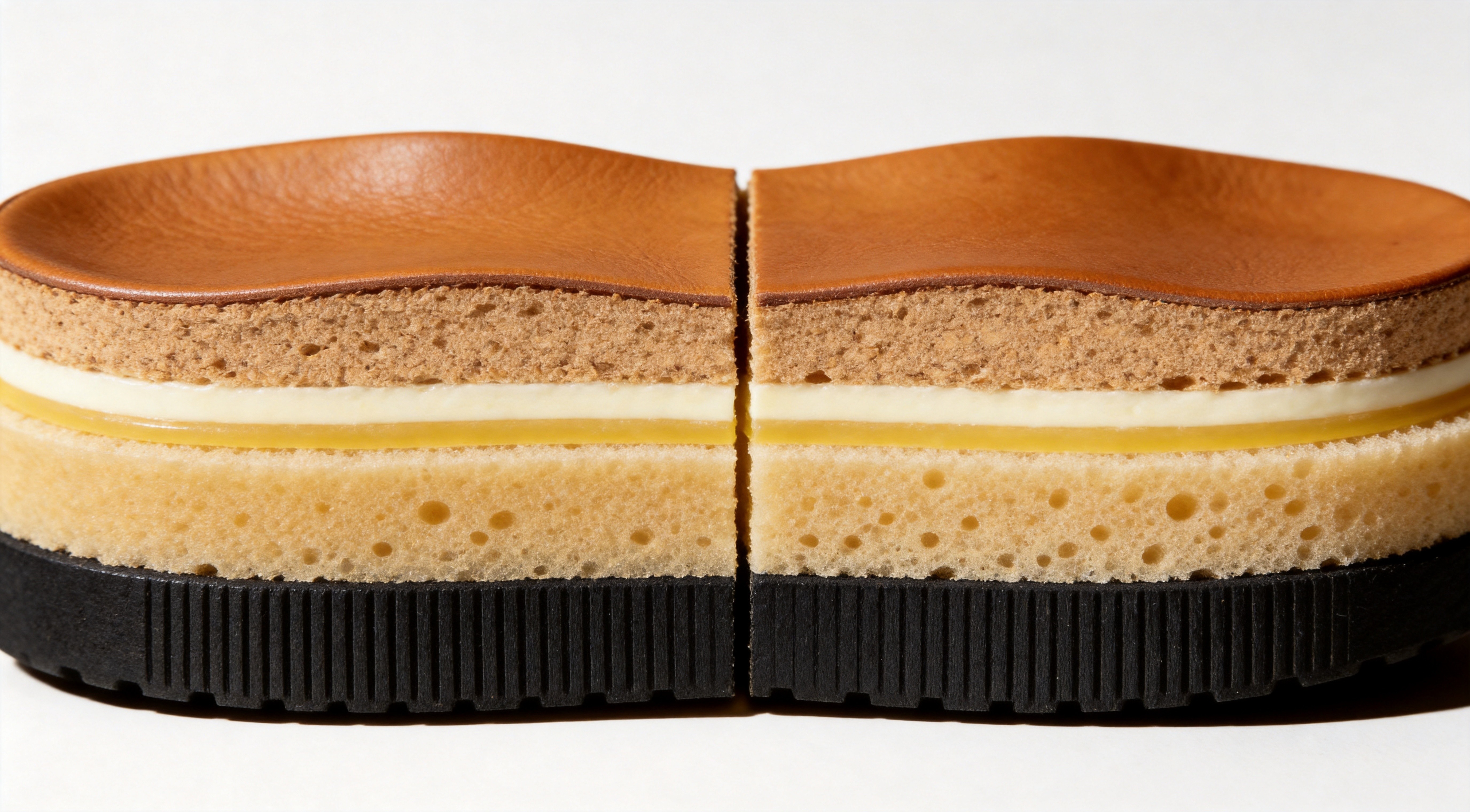 Cross-section detail showing a shoe sole assembly with vegetable-tanned full-grain leather midsole layer bonded with natural hide-glue to a natural crepe rubber outsole, demonstrating the natural-material construction of a Chengdu handmade shoe that resists yellow photo-oxidation and thermal-oxidation