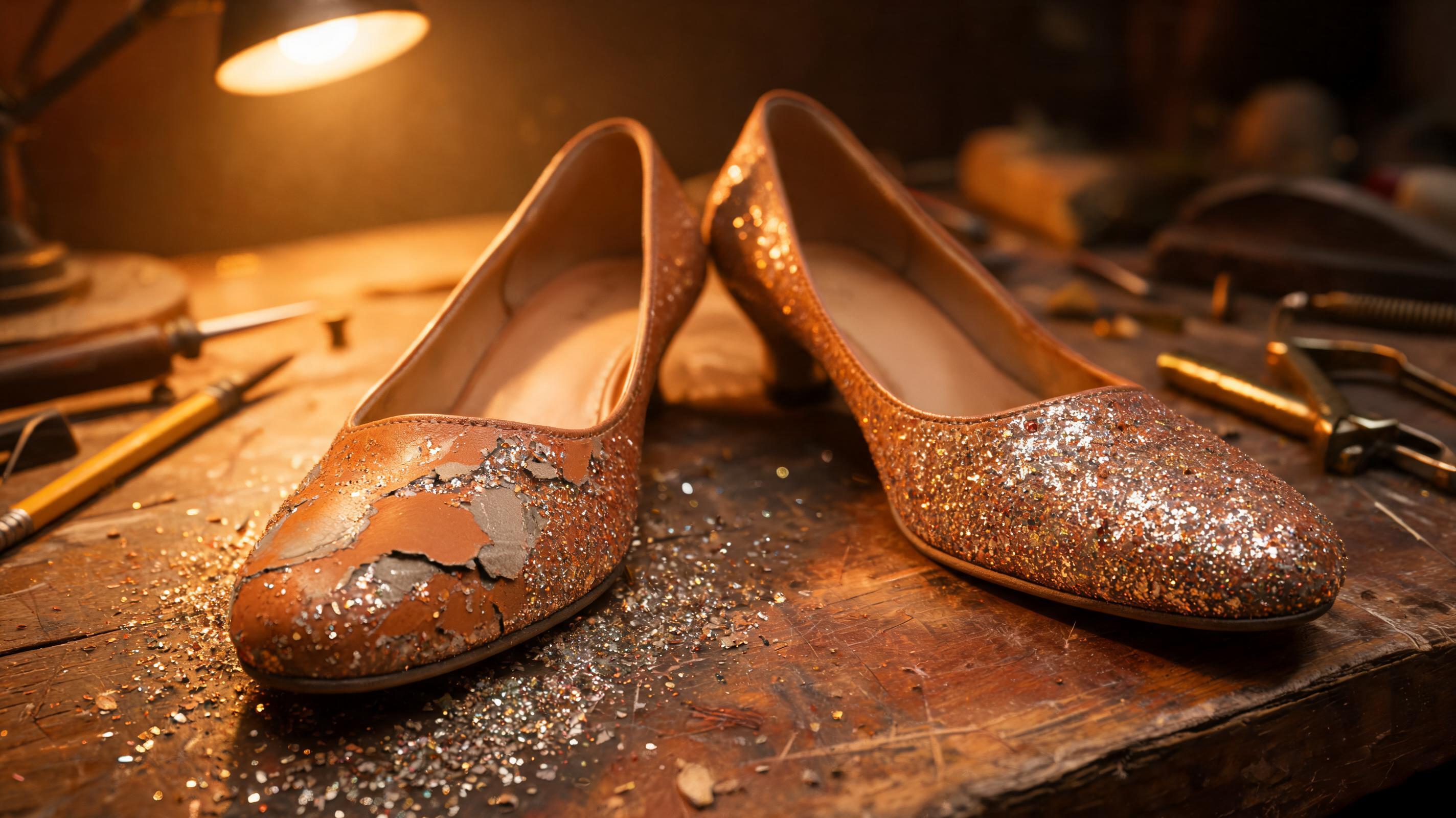 A side-by-side product comparison photograph on a worn wooden cobbler's workbench, on the left a caramel leather pump showing heavily flaked metallic glitter and sparkle coating with 60-80% of the coating missing from the toe-box and vamp zones with scattered glitter flakes on the workbench, on the right an identical caramel leather pump with a pristine chrome-free vegetable-tanned bonding-primer coating at 24 months of wear showing uniform intact sparkle finish