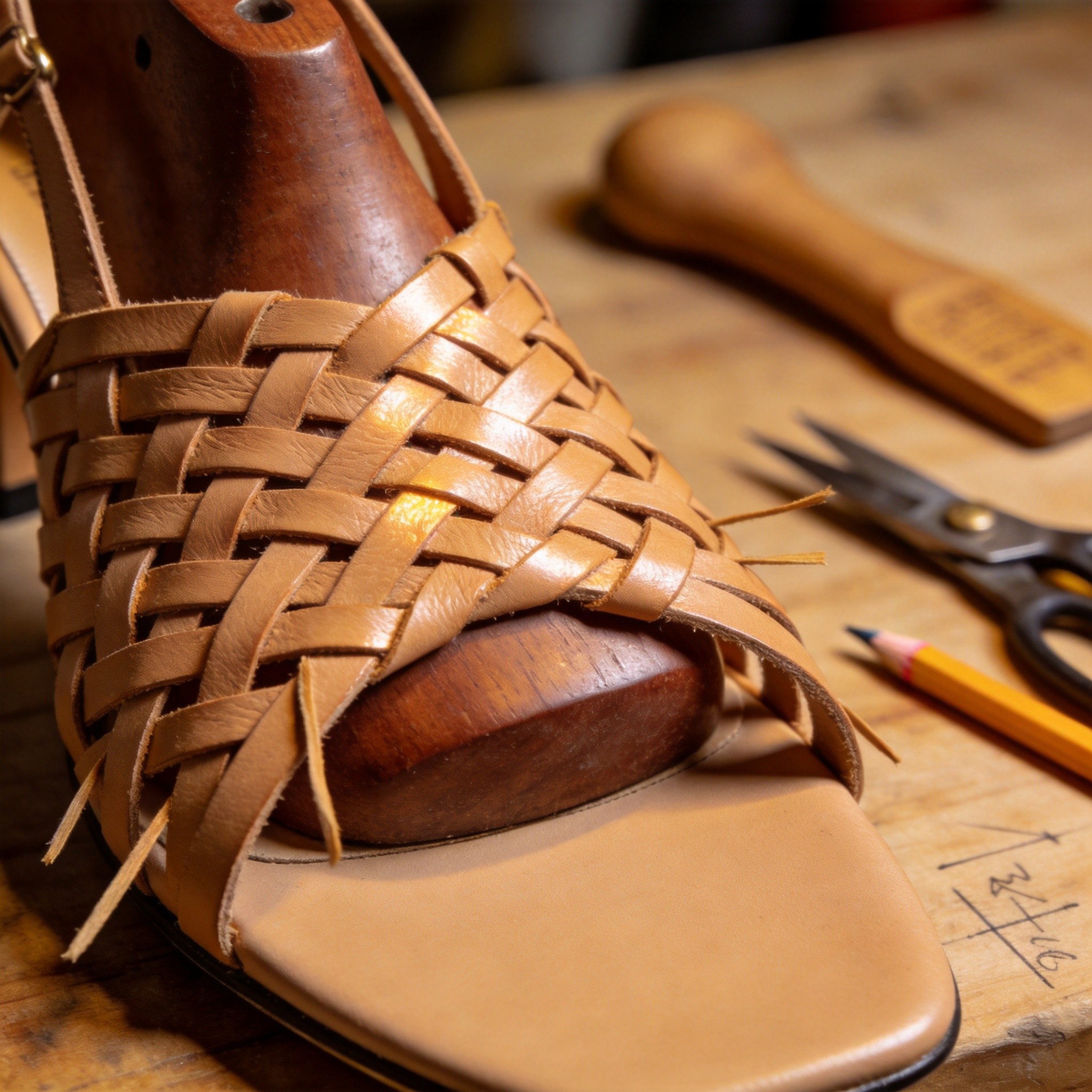 A side-by-side product comparison photograph on a dark walnut cobbler's workbench, on the left a women's warm caramel hand-braided leather slingback high heel showing a 4-6 mm inter-strap junction lift at the lateral-side toe-edge with a faint yellowish cement-residue line visible where the contact-cement bond has failed and three frayed braid cord ends showing the raw inner-leather core at the braid-edge, on the right an identical women's warm caramel hand-braided leather slingback high heel showing pristine braid geometry at 24 months of wear with a uniform 10-12 stitches/inch braid-knot density at every cord-overlap zone and a hand-burnished braid-edge seal with beeswax and gum-tragacanth, both shoes positioned at the same 45-degree angle to show the toe-edge braid zone, cobbler's awl and brass tack puller in soft background bokeh, warm amber tungsten workshop lighting from a desk lamp, shallow depth of field