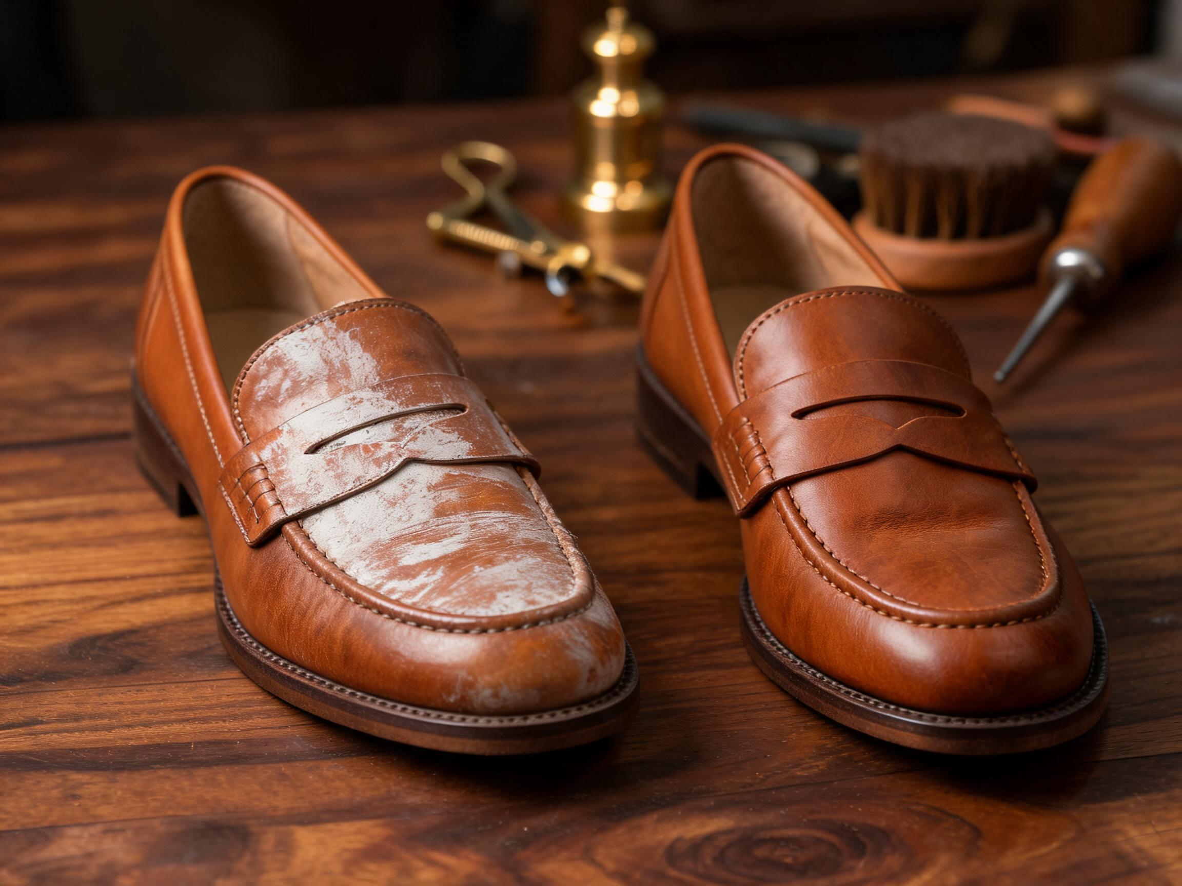 A detailed side-by-side product comparison photograph on a dark walnut workbench, on the left a women's deep cognac leather loafer showing a network of pale white or light-colored streak marks across the vamp crease zone with the pigmented top-coat visibly degraded and a chalky-pale stress-whitening pattern, on the right an identical women's deep cognac leather loafer showing a pristine even-toned vamp at 24 months of wear with the original deep cognac colorway fully intact across every crease line and the natural-grain surface developing a graceful patina, vintage cobbler's tools and brass tack puller in soft background bokeh, warm amber tungsten workshop lighting