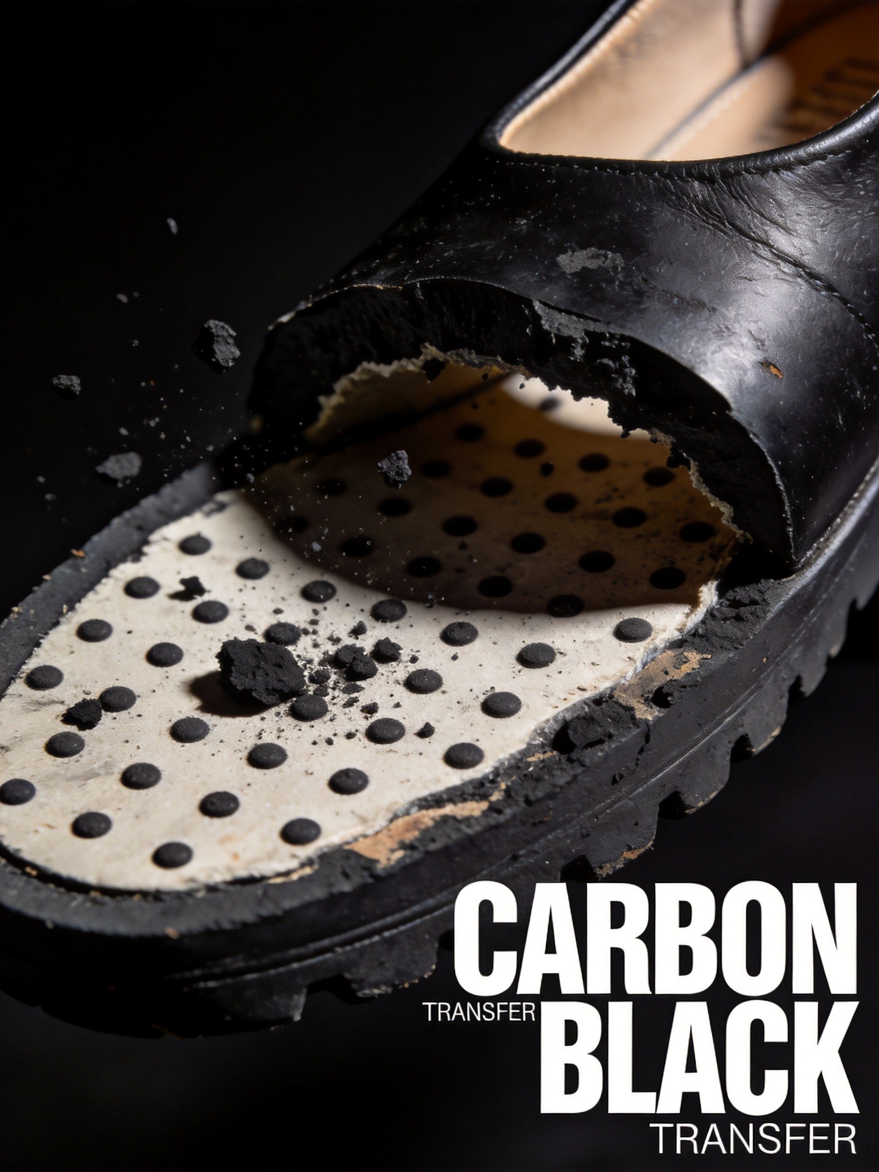 Close-up of black rubber shoe sole showing carbon black filler particles being transferred onto surface as the sole is dragged, with text overlay reading Carbon Black Transfer