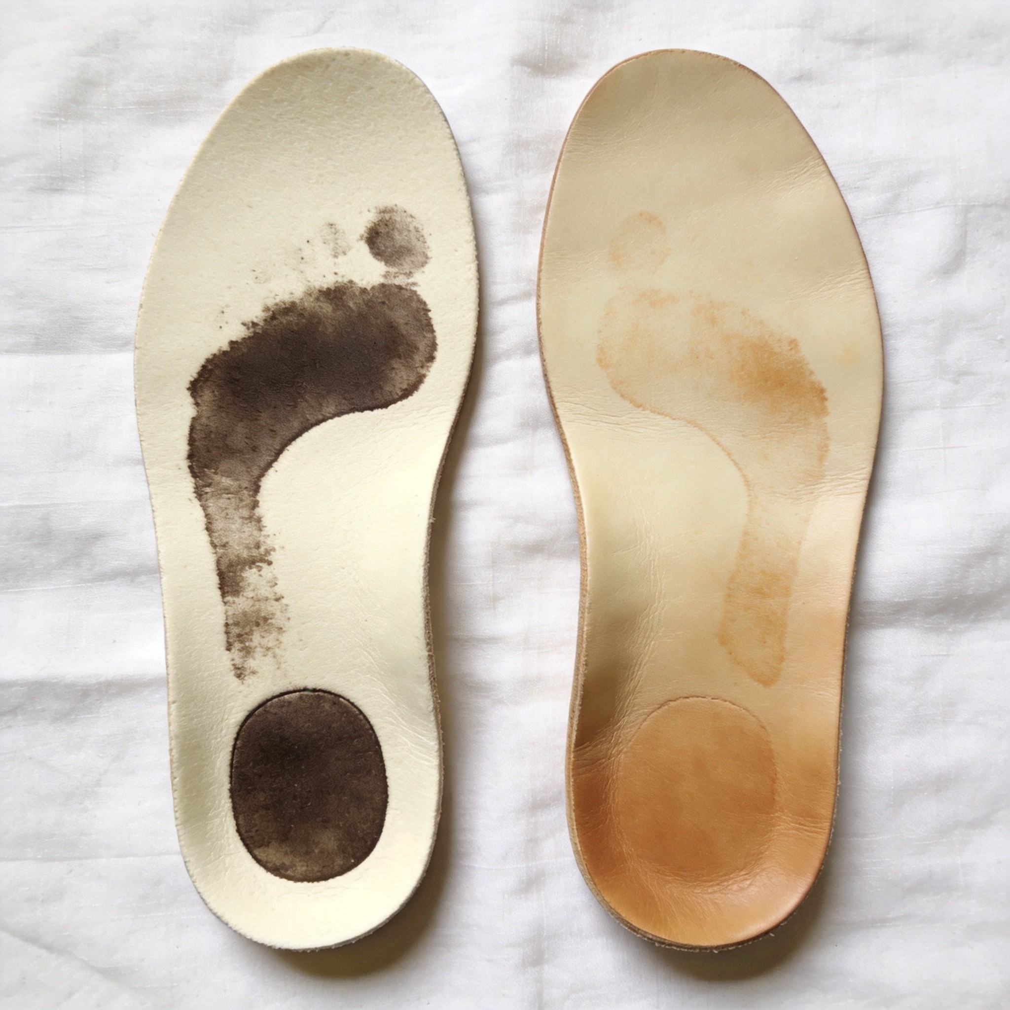 Side-by-side comparison of two cream-colored ballet flat insoles after 8 hours of wear — one with a dark foot-shaped sweat stain on synthetic foam insole (left) versus one with a clean cream vegetable-tanned full-grain leather insole with subtle patina (right), demonstrating the Chengdu construction difference