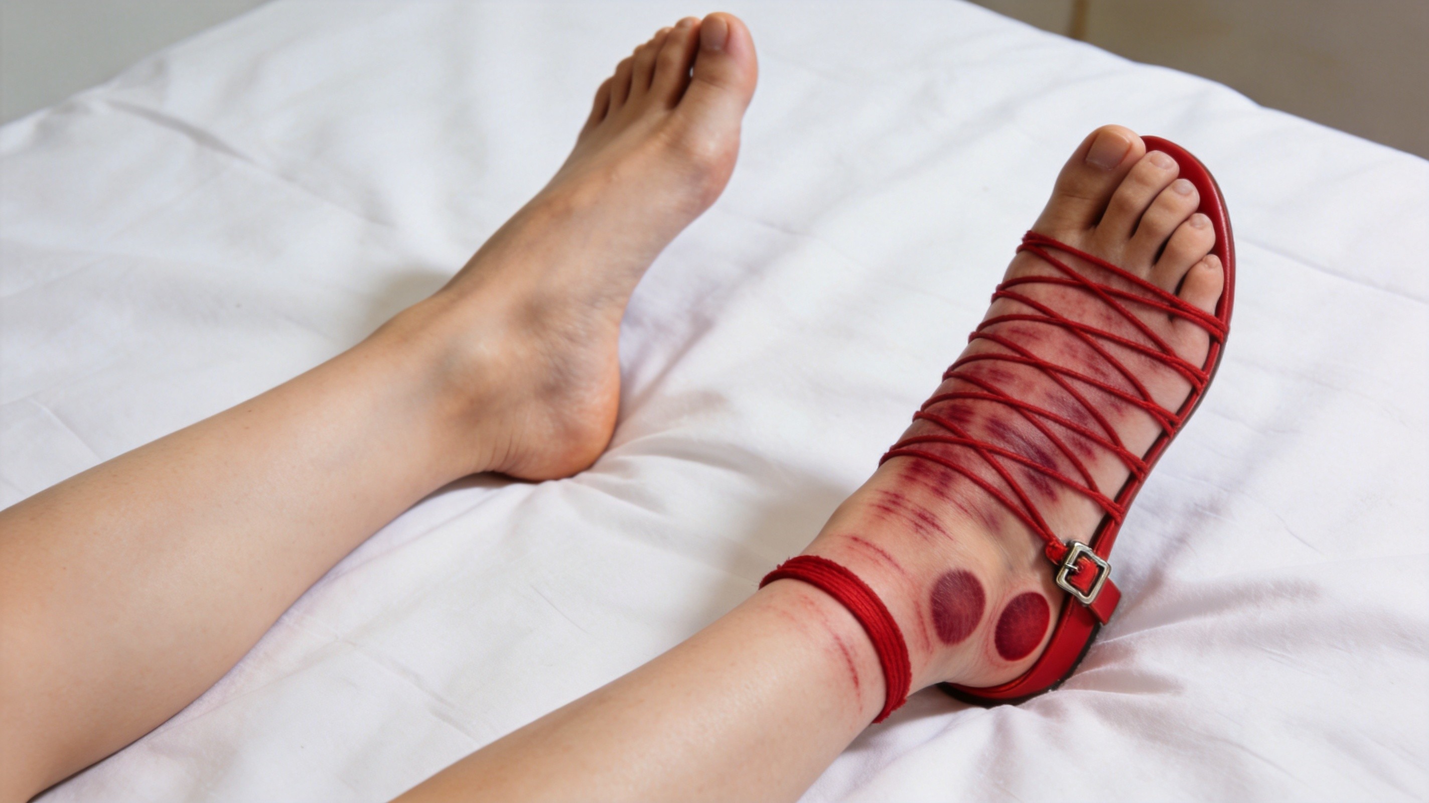 Comparison photograph of two feet at the end of an outdoor event, the left foot with red strap marks and indentations from thin sharp-edged sandals and the right foot clean and unmarked from wide rolled-edge vegetable-tanned leather sandals