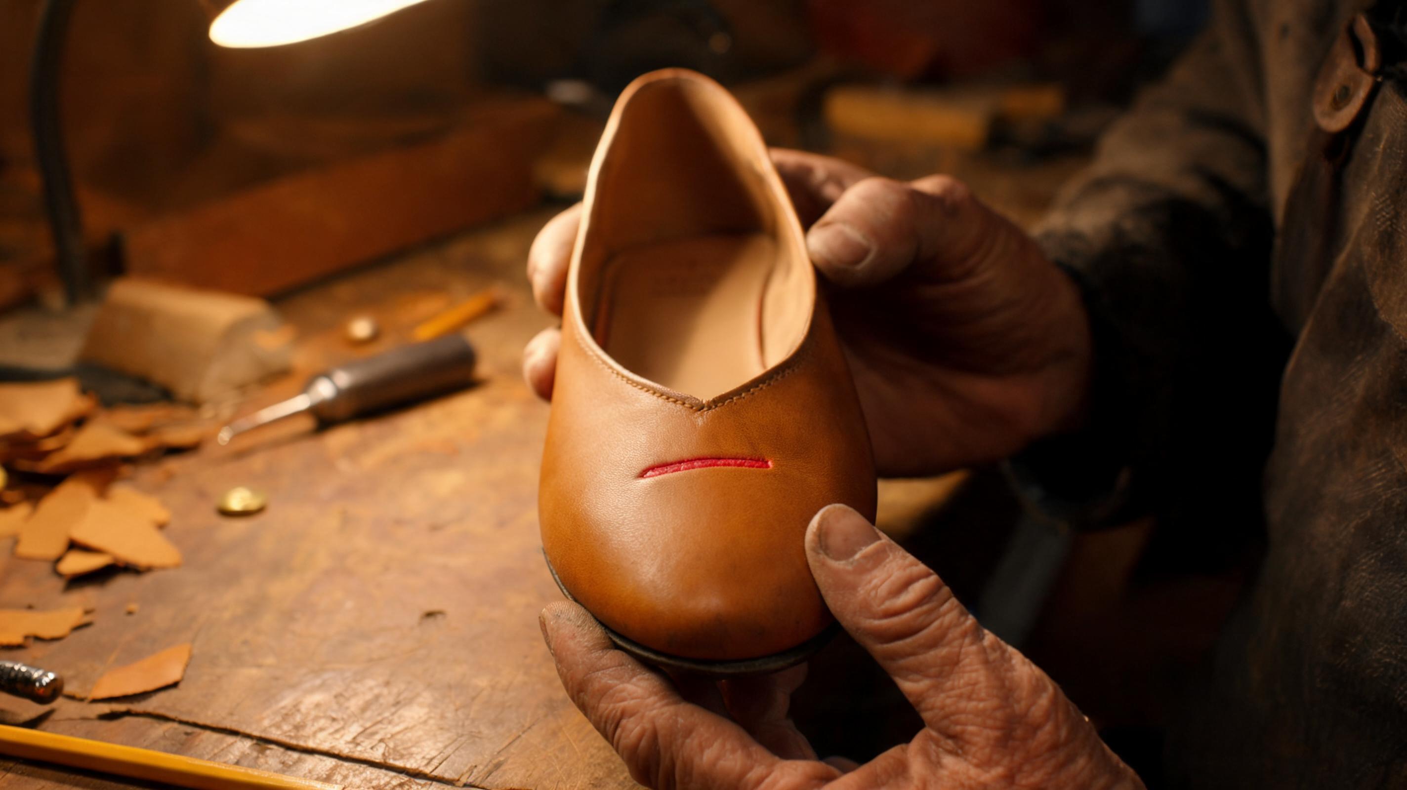A craftsperson's weathered hands holding up a caramel leather Tabi split-toe ballet flat upper at 45-degree angle showing a 4-6 mm raised red linear pressure mark at the inter-toe-web zone where the shoe's split-toe divider seam has been pressing into bare skin, with leather scraps and brass tack puller in soft background bokeh