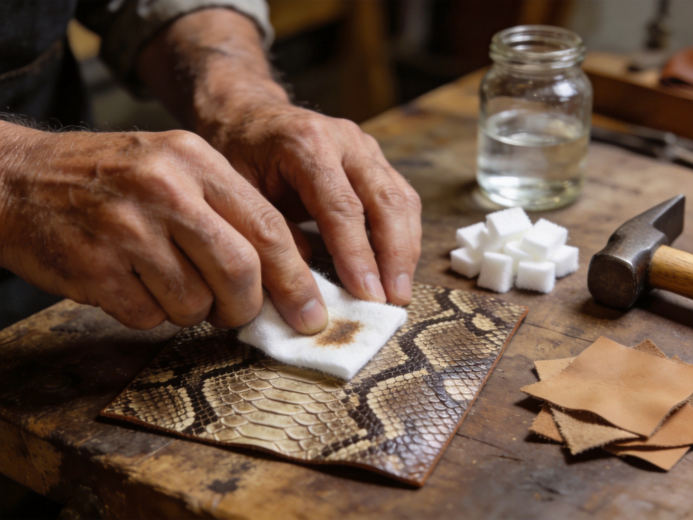 An extreme close-up macro photograph of an artisan's weathered hands performing a crock-fastness rub test on a snake-print leather sample, rubbing a white cotton fabric swatch against the embossed serpent-scale leather surface with firm pressure showing dye transfer onto the white cloth, with a small pile of pristine white cotton test squares, natural vegetable-tan leather scraps, and a wooden hammer arranged on the worn wooden workshop bench, warm amber tungsten workshop lighting from a desk lamp on the right, shallow depth of field focusing on the dye-transfer action, handcrafted artisan's wooden workbench surface with leather scraps and sawdust particles in the air